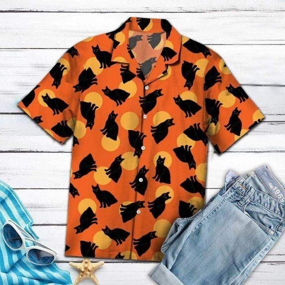 Felacia [Hawaii Shirt] Halloween Black Cat Orange Hawaiian Aloha Shirts-ZX1953